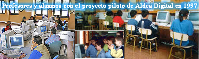 Imágenes de profesores y alumnos en la puesta en marcha del proyecto Aldea Digital (1997)